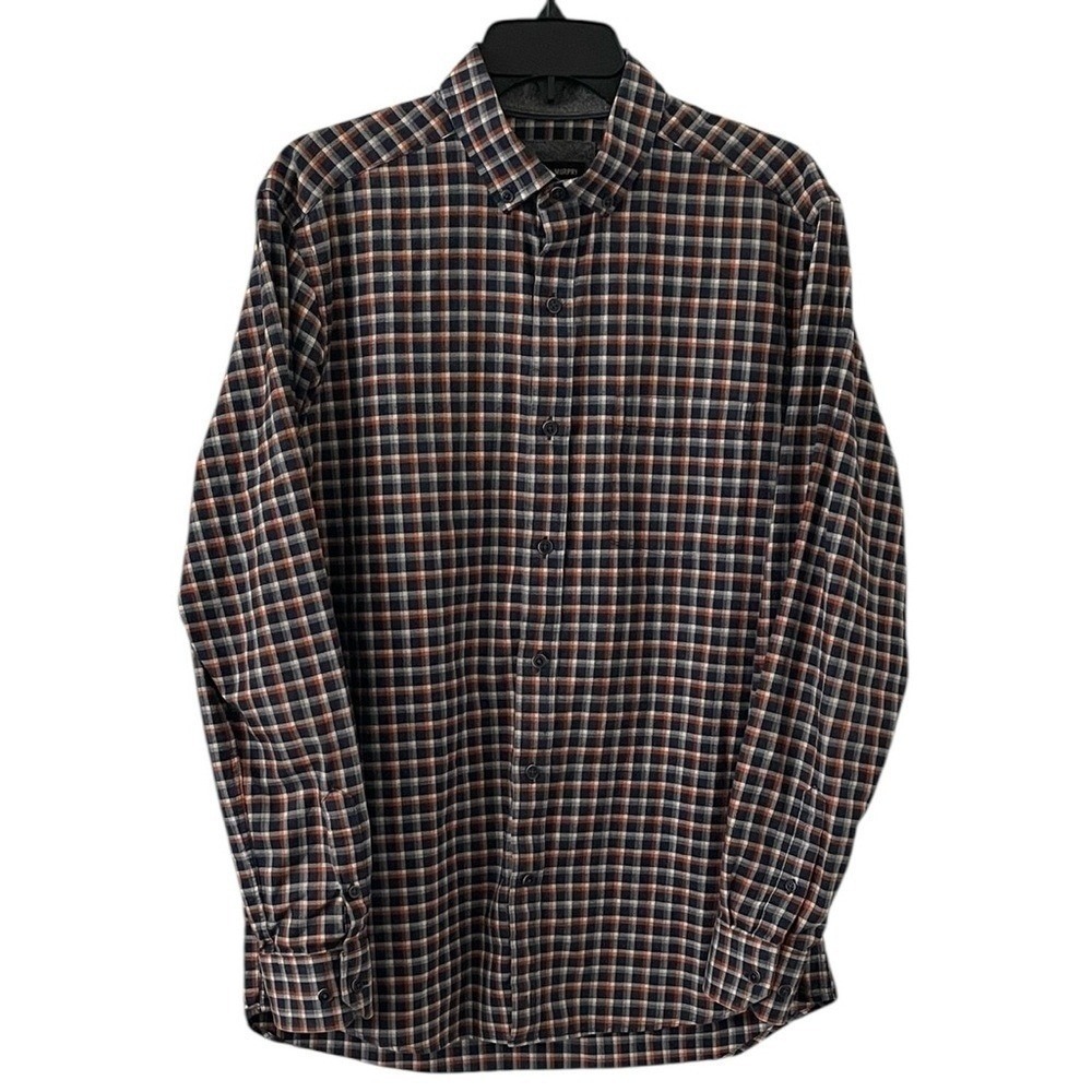 Johnston & Murphy‎ Men's Navy Orange Plaid Button Up Flannel Shirt Size M